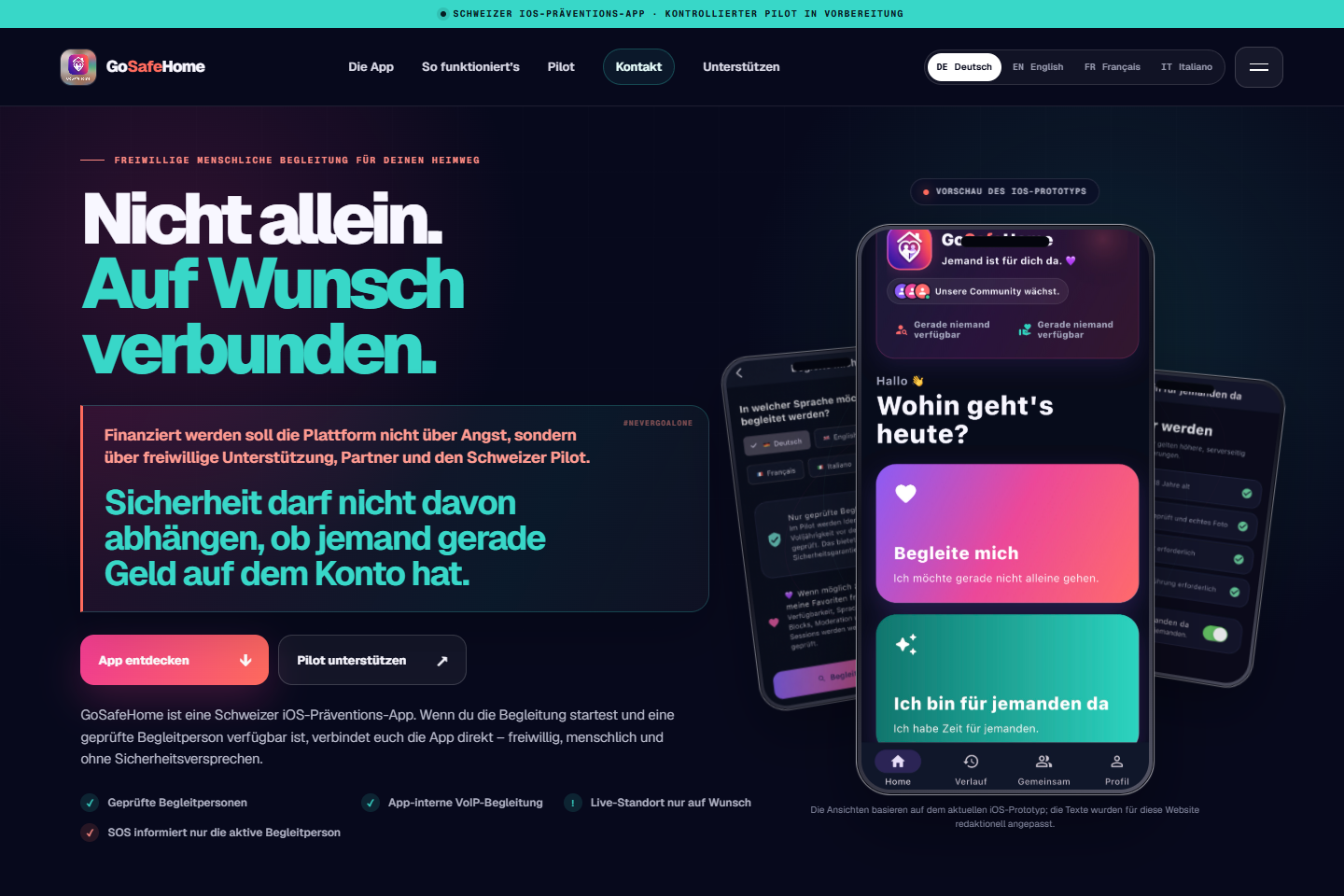 Echte Aufnahme des offiziellen GoSafeHome-Webauftritts